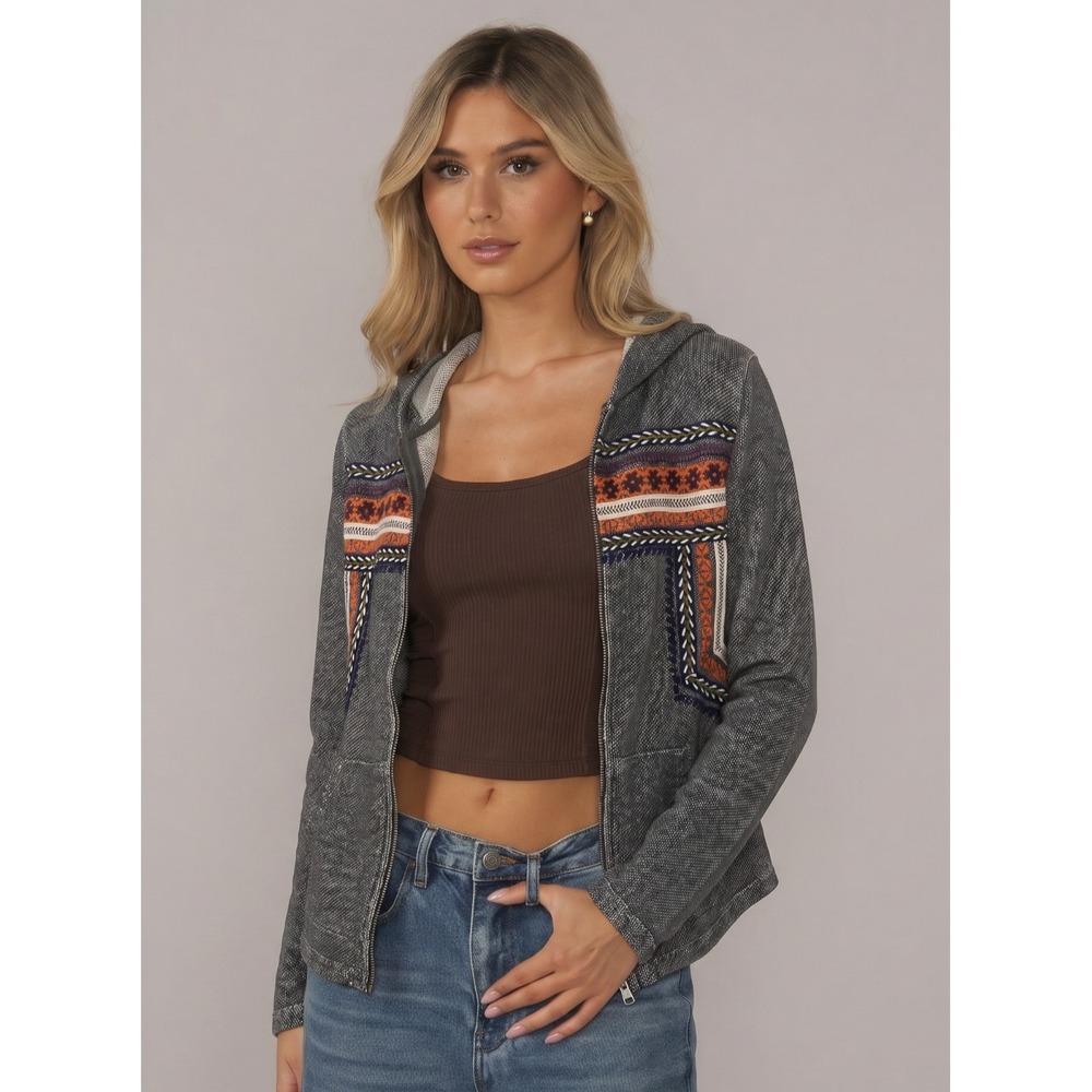 Lucky Lotus Hoodie Women's M Gray Floral Boho Aztec Southwestern Zip Jacket